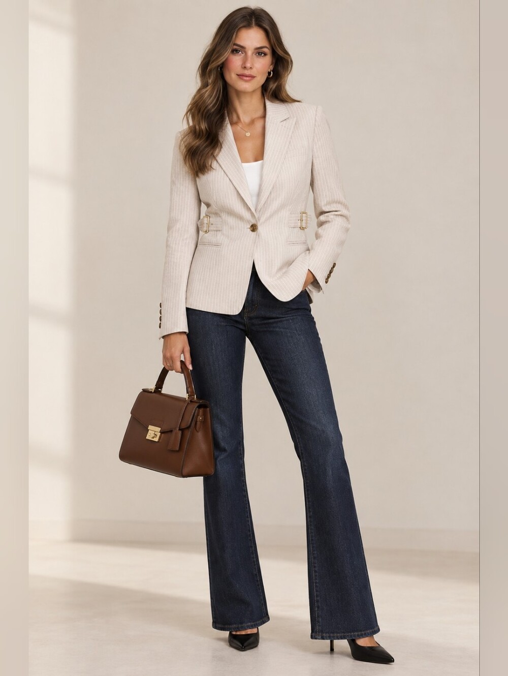 DKNY Rayon Linen Blend Pinstriped One Button Blazer